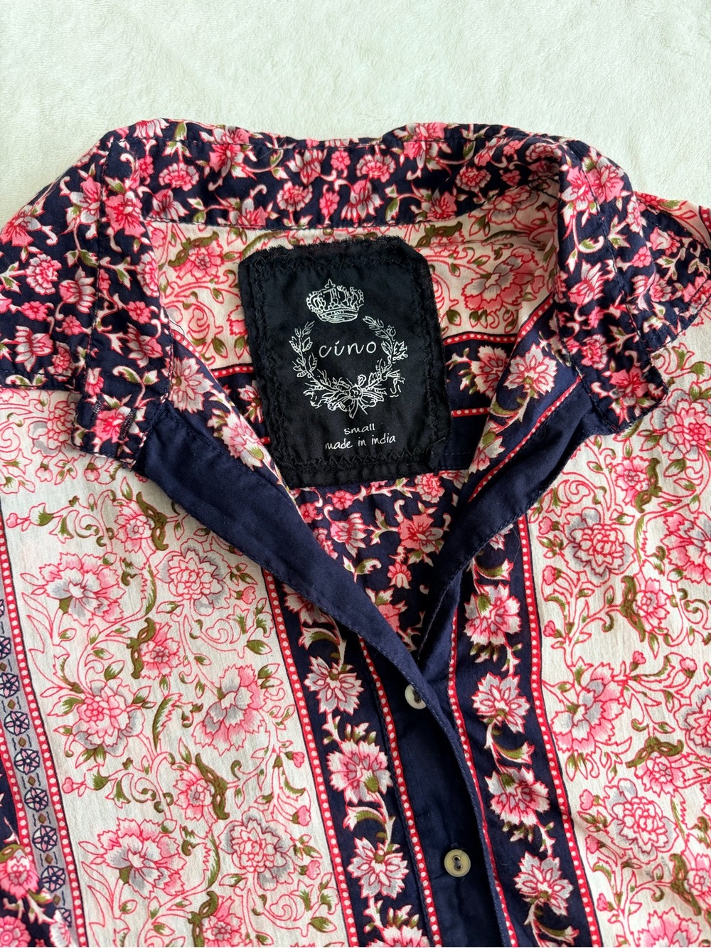 Cino Women's Pink Floral with Navy Trim Button-Down Shirt 100% Cotton
